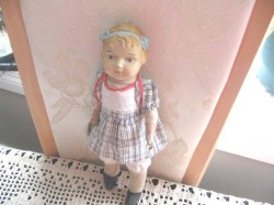 14'' 1920S COMPO / METAL HEAD BLUE BOWS GAUNTLET MARIETTA DOLL